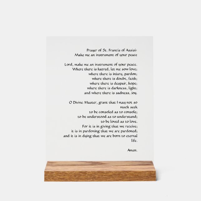 Gebet des Friedens durch den Heiligen Franz von As Acrylschild (Vorderseite)