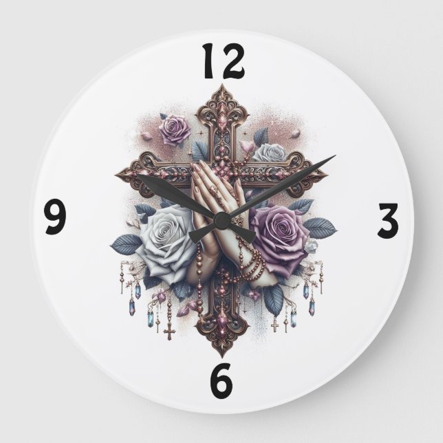 Gebet Hände mit Rosery, Kreuz, Rose Große Wanduhr (Vorderseite)