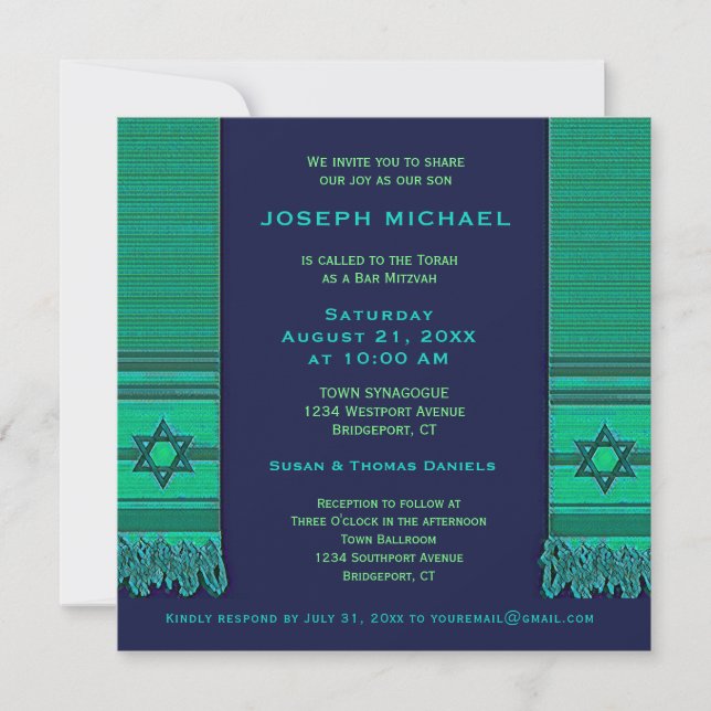 Gebet Shawl Blue und Green Bar Mitzvah Einladung (Vorderseite)