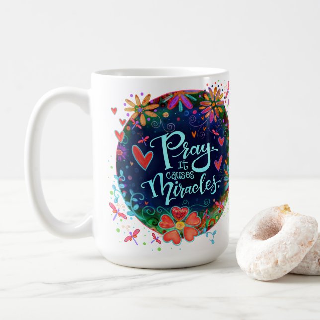 Gebet verursacht Miracles Blue Pretty Floral Irlan Kaffeetasse (Mit Donut)