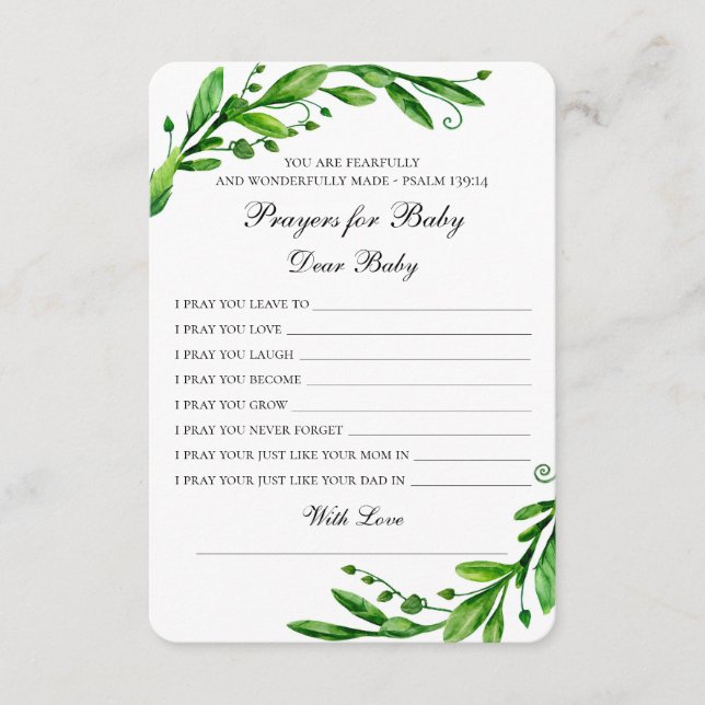 Gebete für das Baby. Grüne botanische Wünsche. Grü Hinweiskarte (Vorderseite)