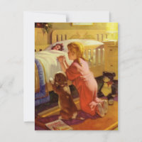 Gebete im Bett, Mädchen mit Welpe, Vintage Religio