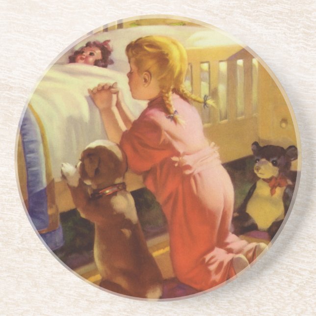 Gebete im Bett, Mädchen mit Welpe, Vintage Religio Untersetzer (Vorne)
