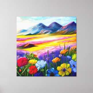 Gebiet der Wildblumen am Fuße eines Berges Leinwanddruck