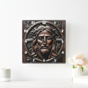 Gebildetes Jesusportrait mit Verziertem Hintergrun Quadratische Wanduhr