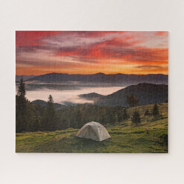 Gebirge | Camping Foggy Sunrise Puzzle (Horizontal)