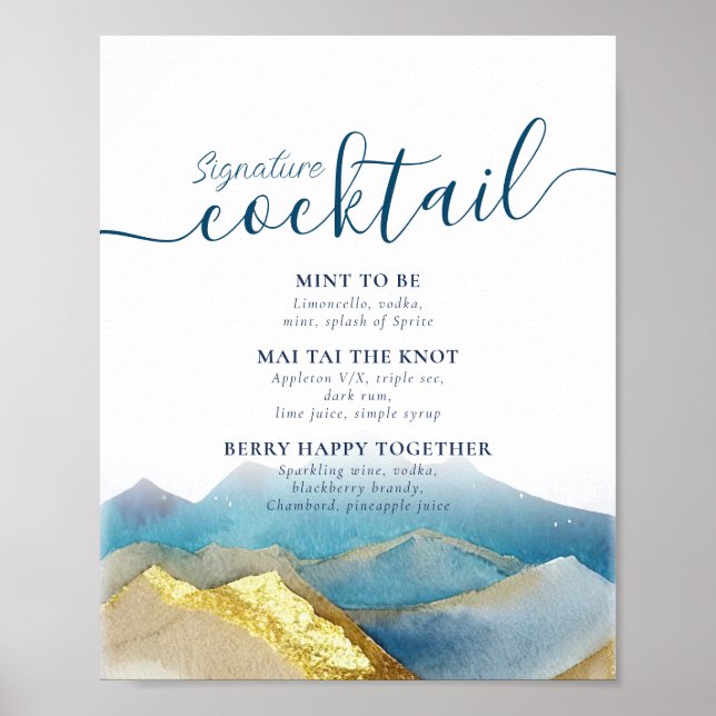 Gebirge Hochzeitssignatur Cocktails Getränke Menü Poster (Vorne)