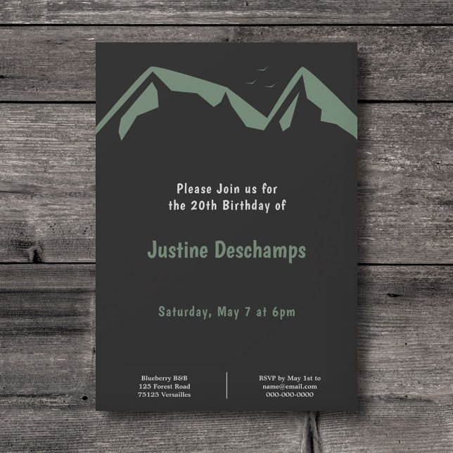 Gebirge in Grün - Schwarz Einladung (Mountains in Green - Black Birthday Invitation)