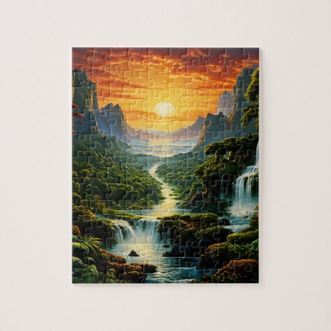 Gebirge mit Wasserfällen und glühender Sonnenschau Puzzle (Vertikal)