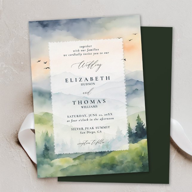 Gebirge Sonnenaufgang Deckenrahmen Hochzeit Einladung (mountains wedding invitation romantic sunrise rustic outdoors forest pine birds landscape watercolor)