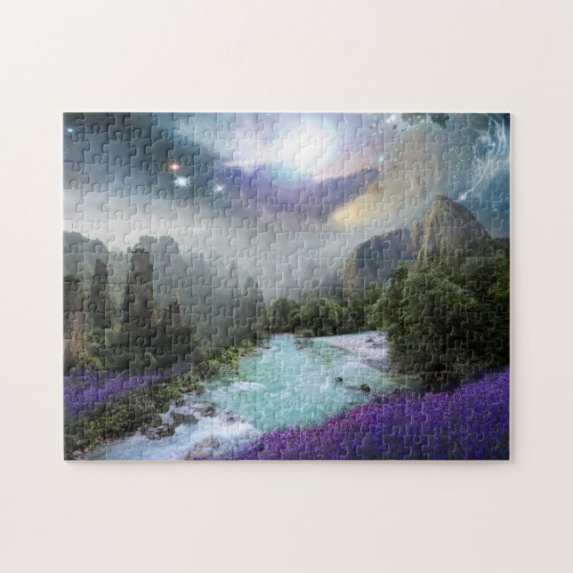 Gebirge und Stream mit Foto aus violetten Blumen Puzzle (Horizontal)