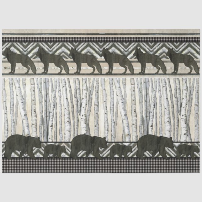 Gebirgsbärenwolf-Birkenbaum überprüft Decoupage Seidenpapier (Vorderseite)