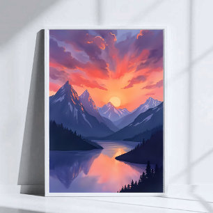 Gebirgskette Sunset   Wasserfarbener See Landschaf Poster