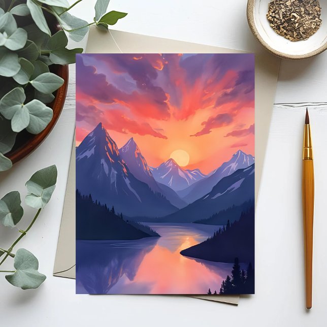 Gebirgskette Sunset | Wasserfarbener See Landschaf Postkarte (Von Creator hochgeladen)