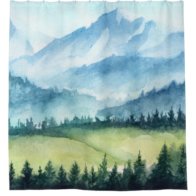 Gebirgslandschaft, künstlerische Aquarellmalerei Duschvorhang (Vorderseite)