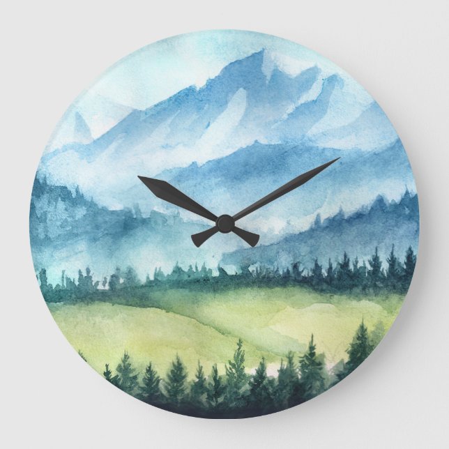 Gebirgslandschaft, künstlerische Aquarellmalerei Große Wanduhr (Vorderseite)