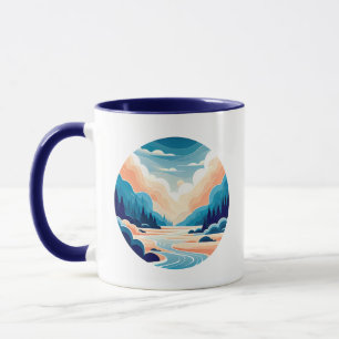 Gebirgslandschaft und Fluss bei Sonnenuntergang Tasse