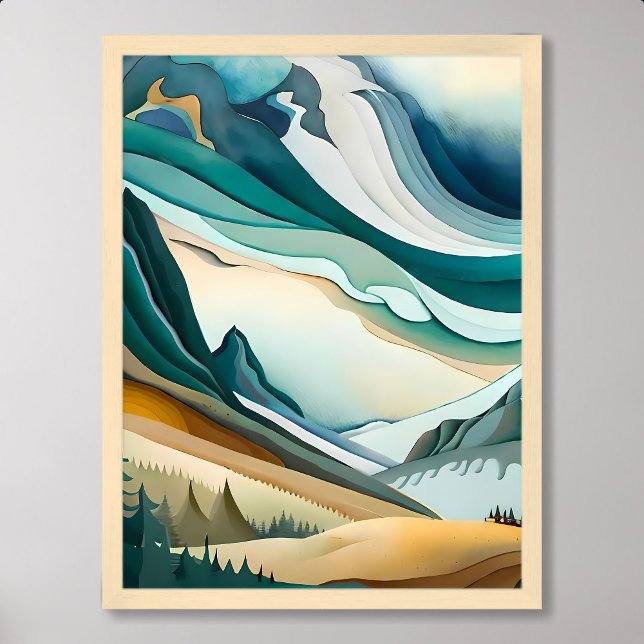 Gebirgsmalerei abstrakter, bewölkter Kiefernbaum Poster (mountain painting abstract blue cloudy pine tree)