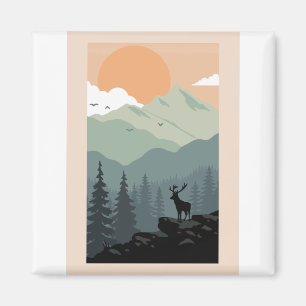 Gebirgswald Bäume Vögel Tierische Silhouette Magnet
