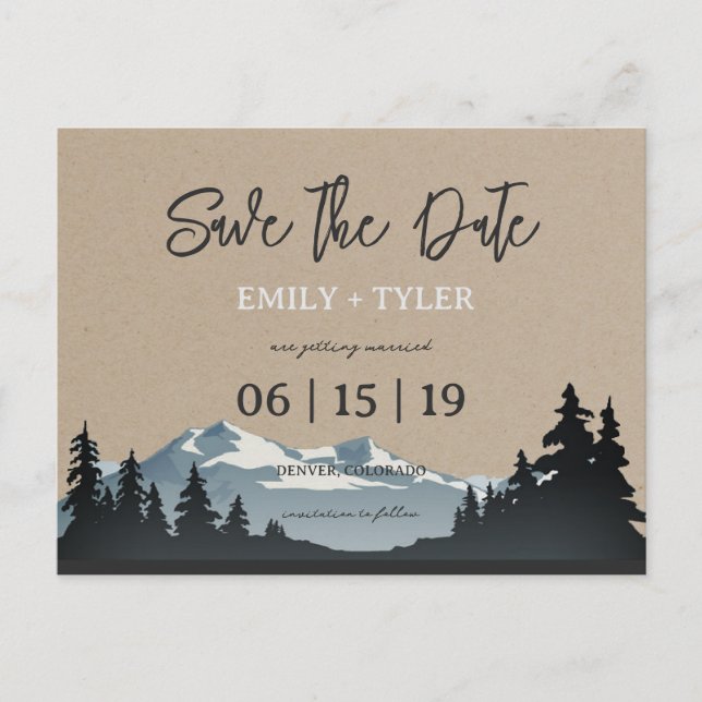 Gebirgswaldbäume Save the Date Ankündigungspostkarte (Vorderseite)