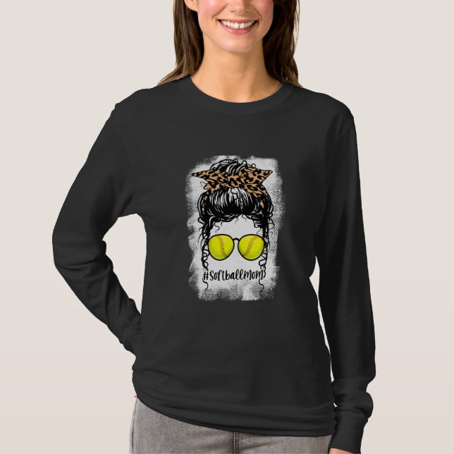 geblasene Softball Mama Life Leopard Messy Bun for T-Shirt (Vorderseite)