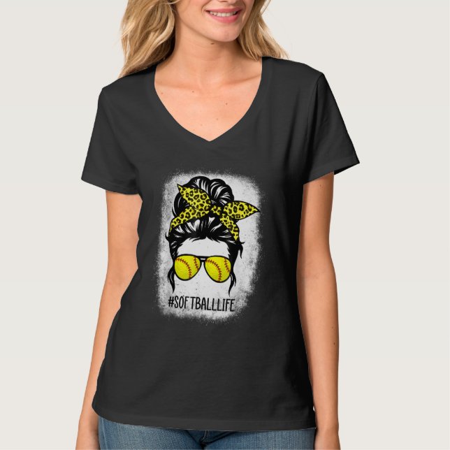 gebleicht Softball Mama Leben mit Leopard und Mess T-Shirt (Vorderseite)