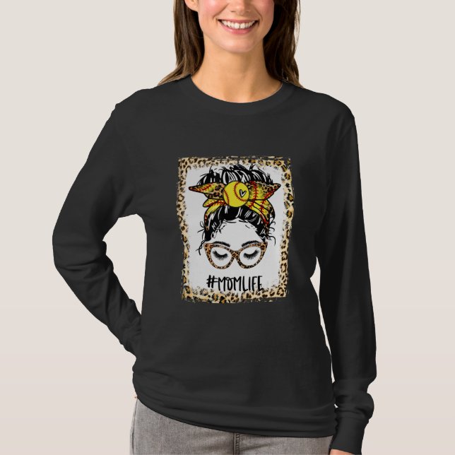 gebleicht Softball Mama Messy Bun Game Day Mütter  T-Shirt (Vorderseite)