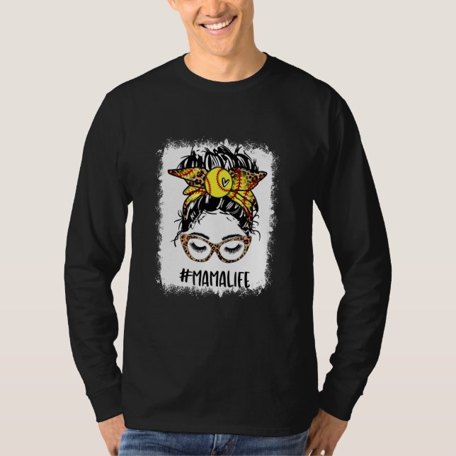 gebleicht Softball Mama Messy Bun Game Day Mütter T-Shirt (Vorderseite)
