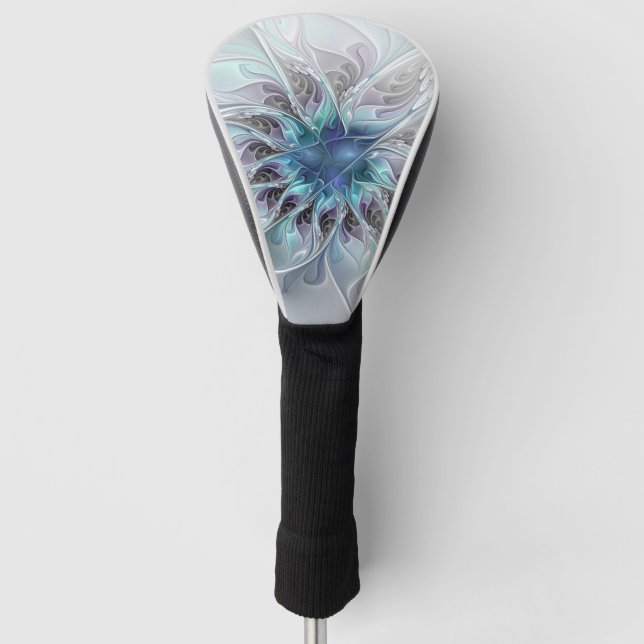 Geblüht, Abstrakte Moderne Blaue Blume Fraktal Kun Golf Headcover (Vorderseite)