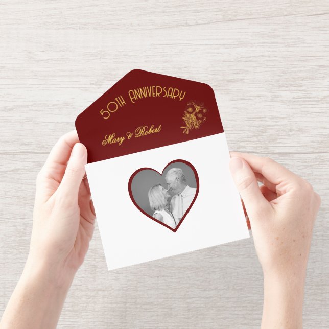 Geblüht Goldenes Jubiläum - Burgund und Gold All-in-One-Einladung (Öffnung)