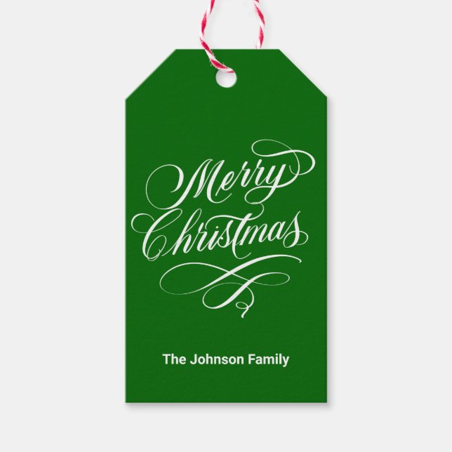 Geblüht Kalligrafie Frohe Weihnachten Grün Geschenkanhänger (Vorderseite)