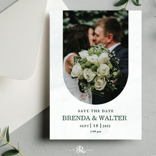 Gebogene Grünpflanzen Weiße Rose Foto Hochzeit Einladung