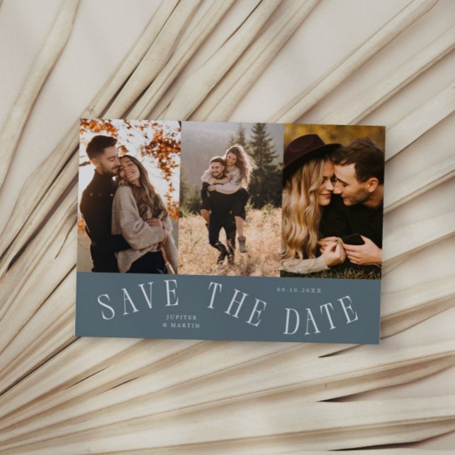 Gebogene Typografie Multi-Foto Schieferblau Save The Date (Von Creator hochgeladen)