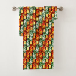 Gebogene und grün-rote rechteckige Teller Badhandtuch Set