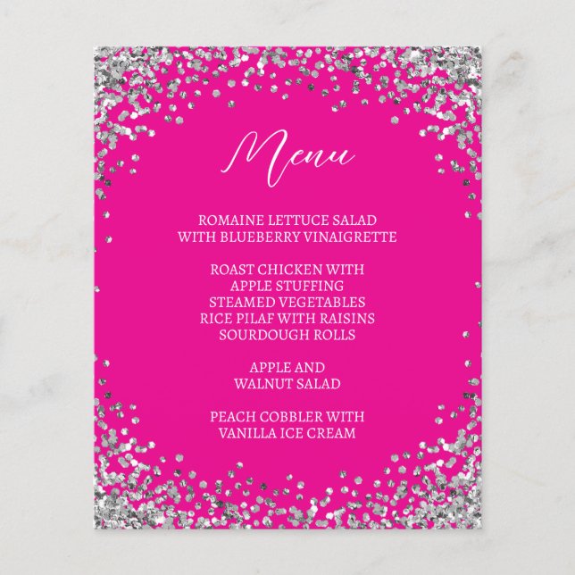 Gebogenes silbernes Glitter Hot Pink Menü (Vorderseite)
