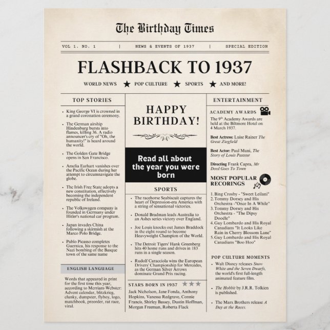 Geboren 1937 Mock Newspaper sepia (Vorderseite)