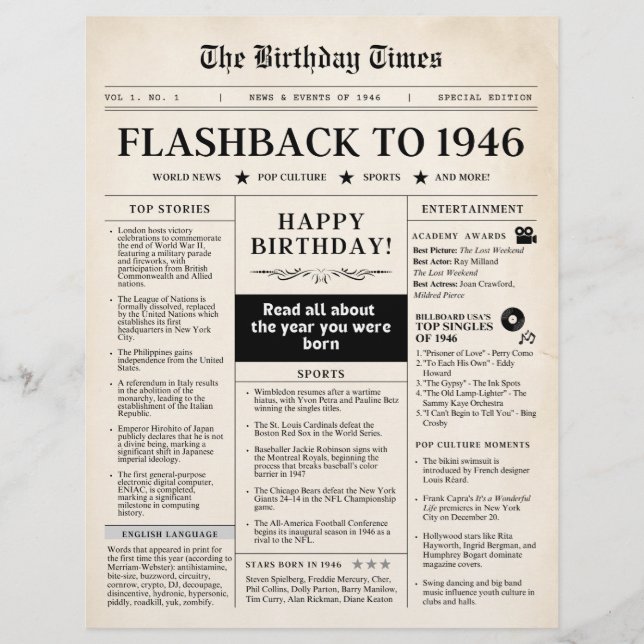 Geboren 1946 Mock Newspaper sepia (Vorderseite)