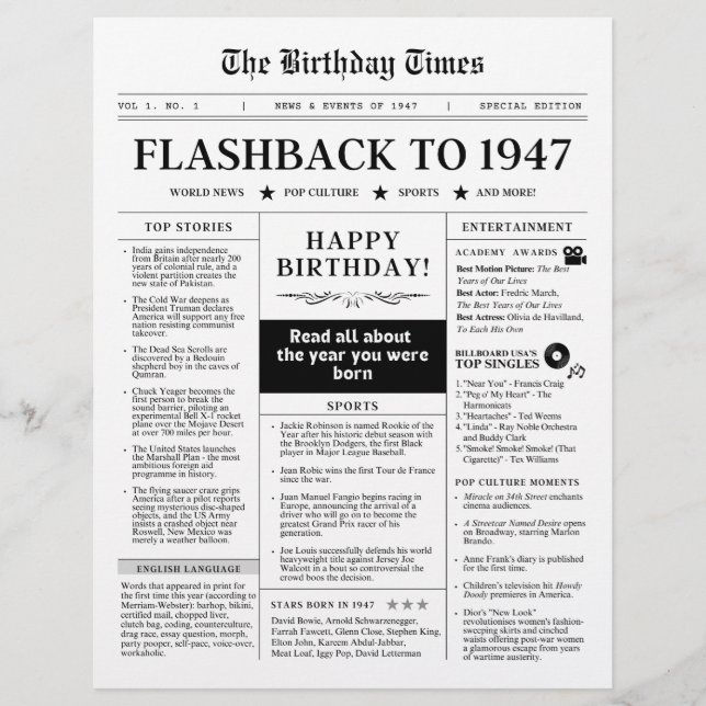 Geboren 1947 Mock Newspaper Schwarzweiß (Vorderseite)