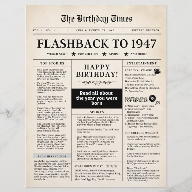 Geboren 1947 Mock Newspaper sepia (Vorderseite)