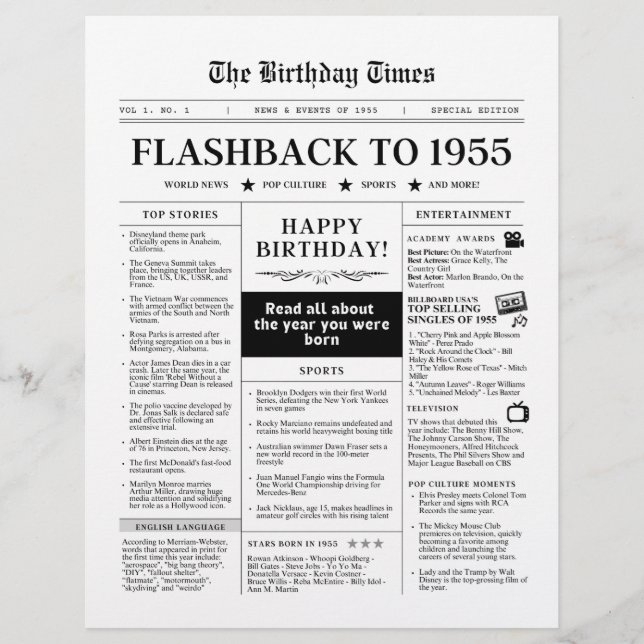 Geboren 1955 Schwarz-Weiß-Mock-Zeitung (Vorderseite)