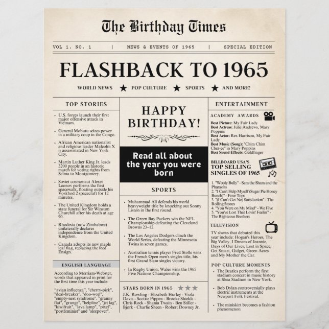 Geboren 1965 Mock Newspaper zum 60. Geburtstag (Vorderseite)