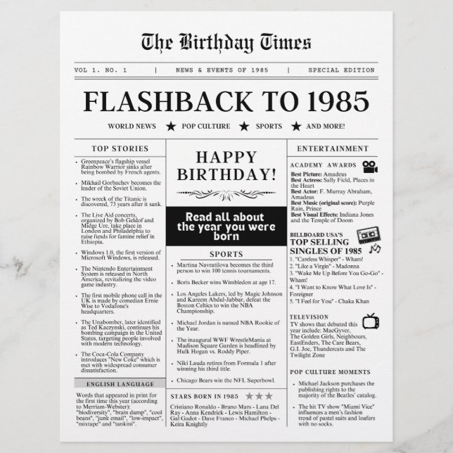 Geboren 1985 Schwarz-Weiß-Mock-Zeitung (Vorderseite)