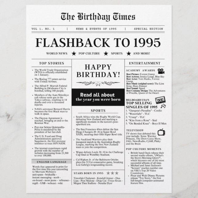 Geboren 1995 Schwarz-Weiß-Mock-Zeitung (Vorderseite)