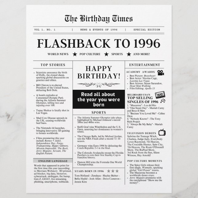 Geboren 1996 Lustige schwarz-weiße Zeitung (Vorderseite)