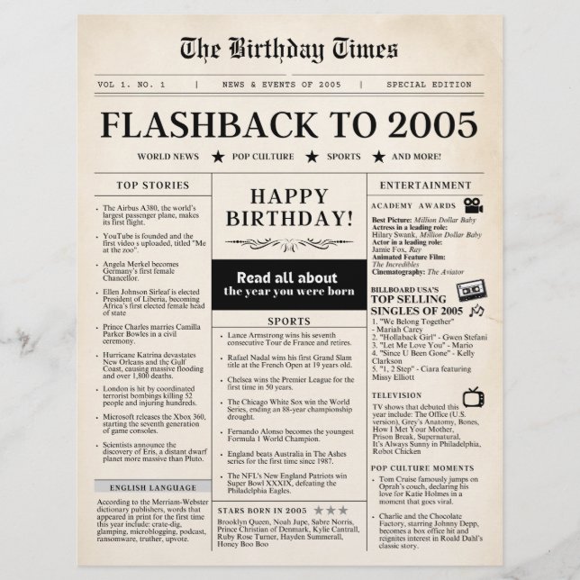 Geboren 2005 Mock Newspaper sepia (Vorderseite)