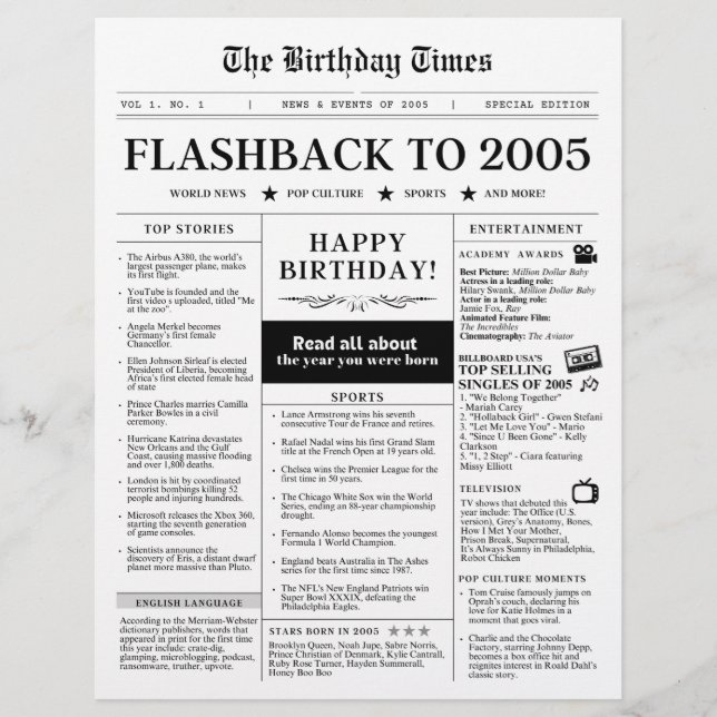 Geboren 2005 Schwarz-Weiß-Mock-Zeitung (Vorderseite)