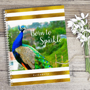 Geboren für Sparkle Chic Peacock Goldweiße Strei Notizbuch
