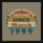 geboren im März 1999 Vintager Geburtstag Poster<br><div class="desc">Mit diesem originellen, 1999 in Retro-Look gestalteten Geburtstagsdesign mit phantastischen Farbtönen und Typografie geschriebenen Schriftart können Sie Ihrem Kleiderschrank etwas Originalität hinzufügen. Das ist eine tolle Geschenkidee für Männer, Frauen, Ehemann, Ehefrau und einen Freund, der dieses einmalige Kunstwerk Liebe geben wird. Das phantastischste und lustigste Urlaubsgeschenk für Ihr Party zum...</div>