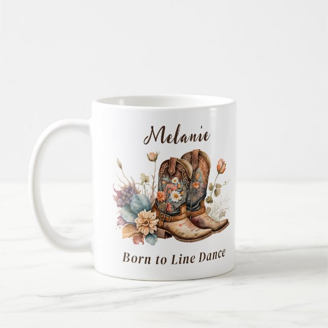 Geboren zu Line Dance Cowboy Blumenstiefel Kaffeetasse (Links)