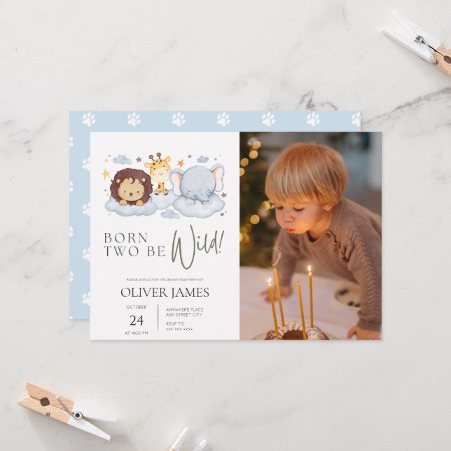 Geboren zwei wilde Foto 2. Geburtstag Einladung (Vorderseite/Rückseite Beispiel)